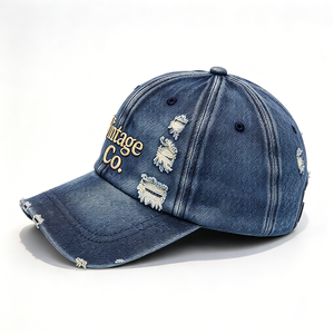 Casquette Dad Hat en jean délavé effet vieilli, 6 panneaux, avec lettres brodées, Vintage Co. Casquette rétro réglable ACE pour femmes et hommes - Product Image 4