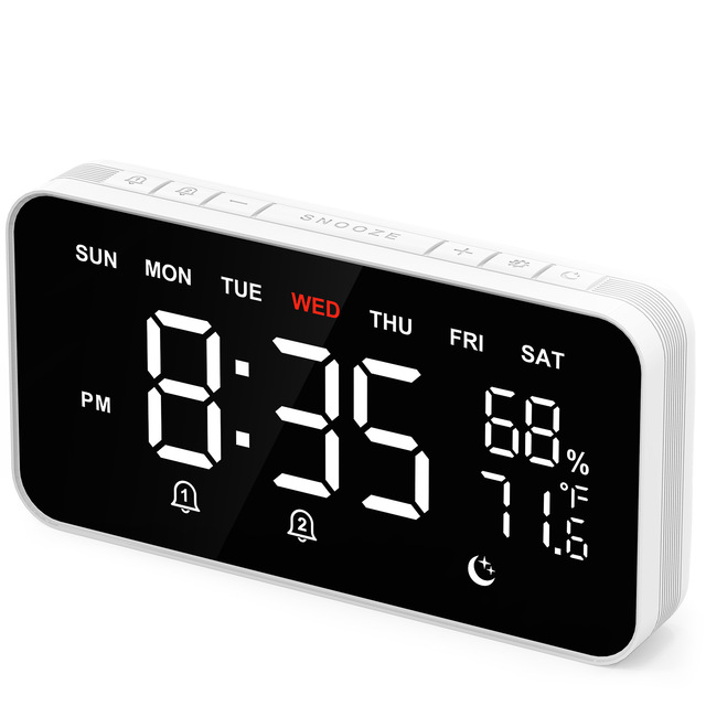 Modern LED Digital Alarm Clock with Large Backlit Display USB Powered Temperature & Humidity Monitor Quiet for Bedroom & Desktop
