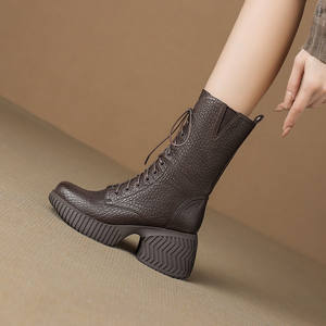 Layered elephant-print cowhide lace-up slim <b>short</b> <b>boots</b> with side zipper-elegant high-<b>heeled</b> fashionable versatile leather <b>boots</b> - Product Image 5