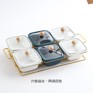 Nouvelles collations carrées créatives noix assiette de fruits secs assiettes en céramique avec couvercle en verre support en métal - Product Image 5