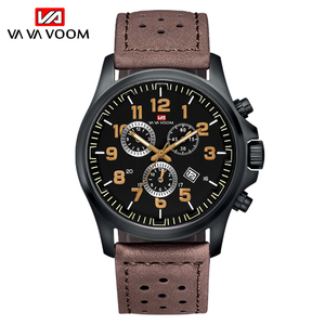 Montre chronographe de course pour homme, boîtier noir, accent doré, bracelet en cuir perforé, montre-bracelet de sport - Product Image 3