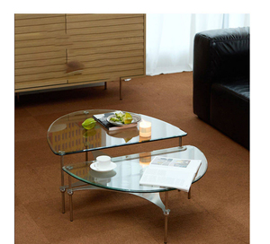 Meuble de salon moderne pour appartement, table d'appoint/bas de canapé/bout de canapé à plateau en verre et base métallique irrégulière à deux niveaux, pour hôtel et salon - Product Image 6