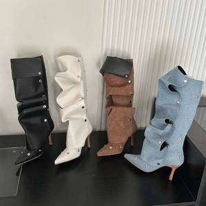 Luxury Denim Fashion Botas De Dama Party <b>Shoes</b> Stiletto Heel Knee High Women's Half Boots - Product Image 1
