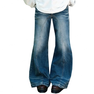 Jean baggy taille mi-haute X5 à poches, style chic, délavé vintage bleu, avec boutons-pression bidirectionnels, coupe bootcut fluide, en denim, vente en gros - Product Image 4