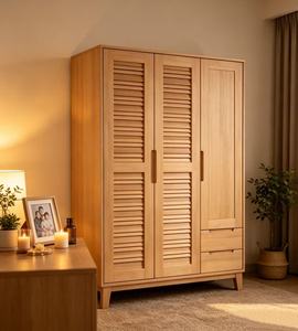 Armoire scandinave en bois avec portes à battants, en bois massif, autoportante, meubles de chambre à coucher modernes, 2 tiroirs - Product Image 4