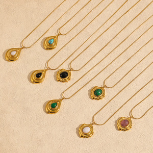 Collier en acier inoxydable avec pierre naturelle pour femme, pendentif goutte d'eau plaqué or 18 carats, design géométrique, chaîne de clavicule - Product Image 2