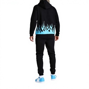 Conjunto Deportivo para Hombre con Capucha, Color Negro, Estampado de Llamas Azules, Manga Larga, Corte Regular, Informal, para Invierno, Transpirable, 100% Algodón - Product Image 2