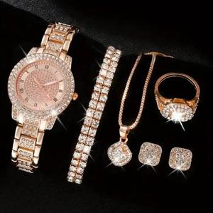 Reloj de Mujer en Oferta, Juego de Joyería de Cinco Piezas con Incrustaciones de Diamantes, Reloj de Cuarzo Romano Moderno CD134 - Product Image 5