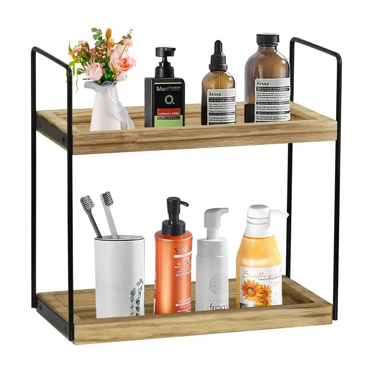 Metal Countertop Organizer, Wooden Shelf, Bathroom Kitchen Shelf