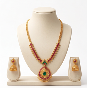 DIVYORO Premium <b>Ruby</b> Emerald Jhumka Long <b>Necklace</b> Earring Set Gold Plated Classic Fashion Jewelry for Women South Indian Wedding - Product Image 1