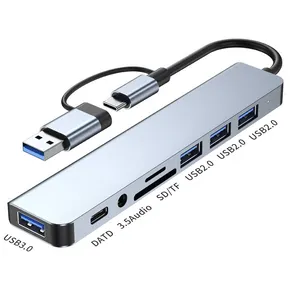 Usb C Hub splitter, hub pembagi Audio Usb 3.0 + USB2.0 * 3 + USB-C transfer data + TF + SD + 3.5mm Hub Data tipe-c untuk Lapt 8 in 1