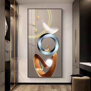 Dipinto su Tela con Geometria Astratta e Foglie, Arte Decorativa di Lusso con <span class=keywords><strong>Cervo</strong></span> Dorato per Soggiorno e Camera da Letto - Product Image 3