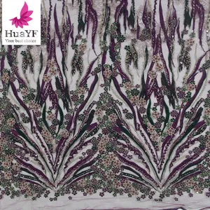 2021 più nuovo caldo africano 3d ricamo floreale in rilievo pizzo con paillettes decorazioni viola e verde di tulle abito di pizzo HY1429-3