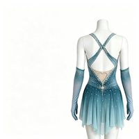 Robe de patinage et de danse dégradé bleu-vert pour enfants et adultes, avec découpe cœur en strass au dos, et longues manches, pour spectacle de patinage artistique
