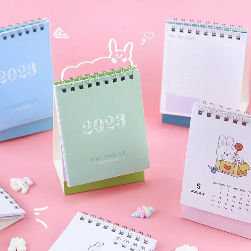 Venda por atacado personalizada espiral amarração diária 2023 calendário planejador de mesa mini calendário inteligente 2023 personalizado