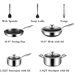 Ensemble de casseroles en acier inoxydable triple couche avec revêtement antiadhésif, poignées en acier inoxydable, compatible gaz et induction, 10 pièces - Product Image 2