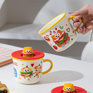 Taza de cerámica con diseño de hamburguesa de dibujos animados, con tapa y asa, para estudiantes, oficinas, desayuno, leche. - Product Image 1