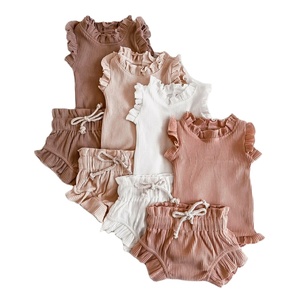 2 pezzi vestiti della <span class=keywords><strong>neonata</strong></span> infantile Set Waffle <span class=keywords><strong>cotone</strong></span> volant neonato gilet pagliaccetto top Bloomer pantaloncini vestito bambino abiti estivi abbigliamento - Product Image 1