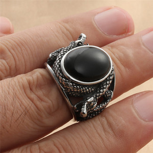 European American Style <b>Titanium</b> Steel Snake <b>Ring</b> Oval <b>Black</b> Stone Retro Men's Punk Jewelry Silver Color - Product Image 3