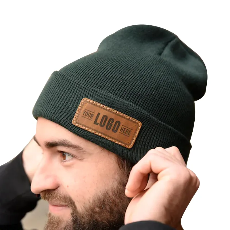 Custom Beanie Patch Hat | Leather Patch Winter Beanie ADD YOUR LOGO Company Employee Hats