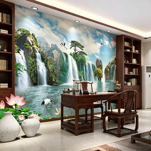 Papel Tapiz 3D Personalizado, Paisaje de Cielo Azul con Cascada, Grullas Blancas, Pinos y Flores de <span class=keywords><strong>Ciruelo</strong></span>, Estilo Chino, Mural para Talleres y Dormitorios - Product Image 6