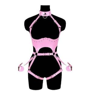 Harnais de bondage en cuir rouge avec menottes et collier pour femme, combinaison de domination passionnée, accessoire intime pour adulte - Product Image 5