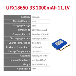 UFX18650-3S <span class=keywords><strong>11.1V</strong></span> 2000mAh 22.2Wh MSDS 맞춤형 충전식 전기 제품 배터리 팩 원통형 리튬 이온 배터리 - Product Image 2