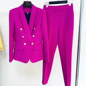 女性オフィスカラーダブルブレスト女性スーツジャケットブレザーパープルツーピースパンツスーツ