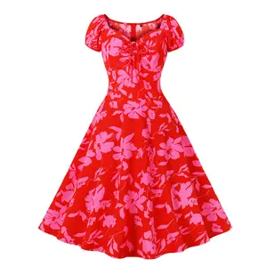 ग्रीष्मकालीन आकस्मिक प्रिंट रेड ड्रेस स्वभाव पार्टी के कपड़े महिलाओं के लिए मध्यम लंबाई वाली औपचारिक पोशाक