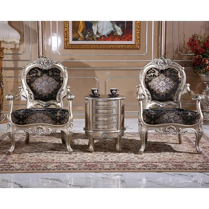 French Classical Baroque Luxury European Solid Wood Sofa Chair Leather Leisure Chair for Living Room or Hotel Home Furniture