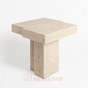 Newstar Buff Tables d'appoint en marbre à dessus rond Table d'appoint de canapé en marbre naturel Table d'appoint en travertin - Product Image 4