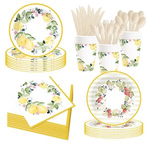 DAMAI - Vajilla Desechable con Temática de Frutas, Platos, Servilletas y Vasos de Papel con Diseño de Limón y Fresa - Product Image 1