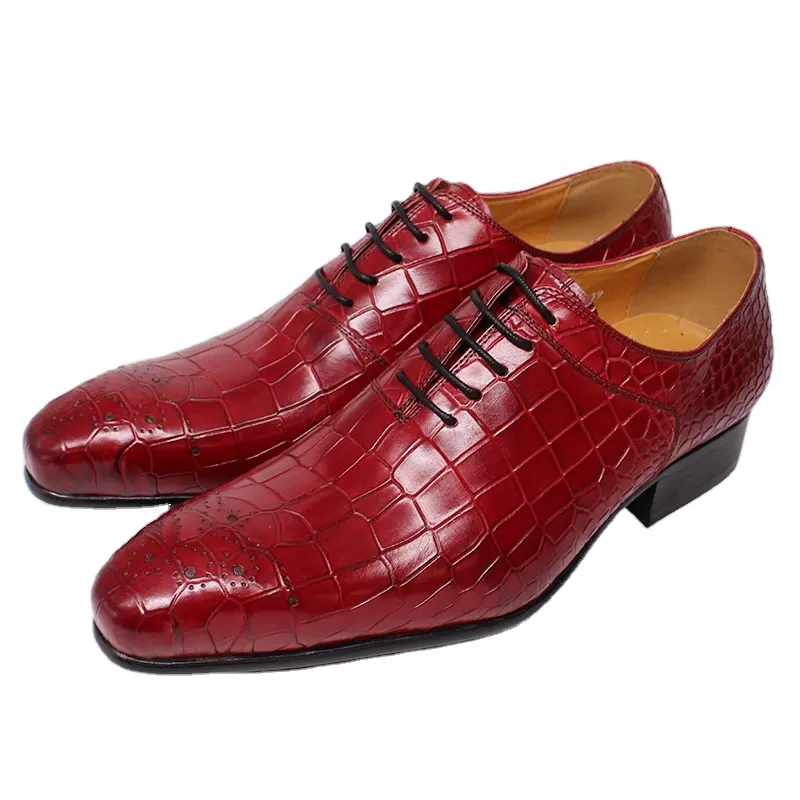 Chaussures de bureau en cuir, style Vintage décontracté, de couleur rouge, Grain Crocodile