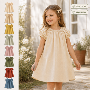 Vestiti in cotone per bambine <span class=keywords><strong>con</strong></span> fiocco coordinato <span class=keywords><strong>maniche</strong></span> a sbuffo linea A estivi pronti per la spedizione - Product Image 1
