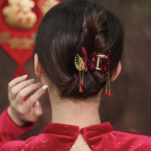 Barrette à cheveux en velours rouge de style chinois <span class=keywords><strong>pour</strong></span> femme, avec pompon et perles, <span class=keywords><strong>pince</strong></span> à cheveux tendance <span class=keywords><strong>pour</strong></span> femme, <span class=keywords><strong>pince</strong></span> à cheveux de style requin <span class=keywords><strong>pour</strong></span> l'arrière de la tête - Product Image 3