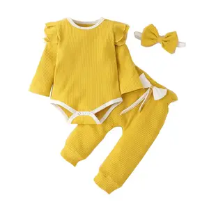 Conjunto de ropa para bebé, Pelele de manga larga acanalado liso, conjunto de pantalones cortos para niño de 8 meses, ropa para niña SZDG-018