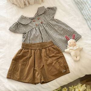 TongXingYuan Baby Girls Plaid Shirt With Peter Pan Collar And Brown Shorts Set Breathable Summer Clothing - Product Image 2