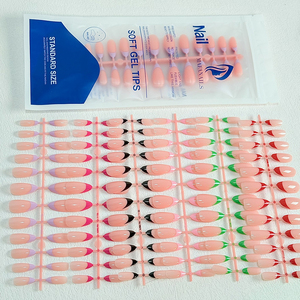 144 Pezzi <span class=keywords><strong>Unghie</strong></span> Finte Francesi a <span class=keywords><strong>Mandorla</strong></span> Media, Semplici Punte Rosse e <span class=keywords><strong>Nere</strong></span> Lucide per Copertura Completa - Product Image 2