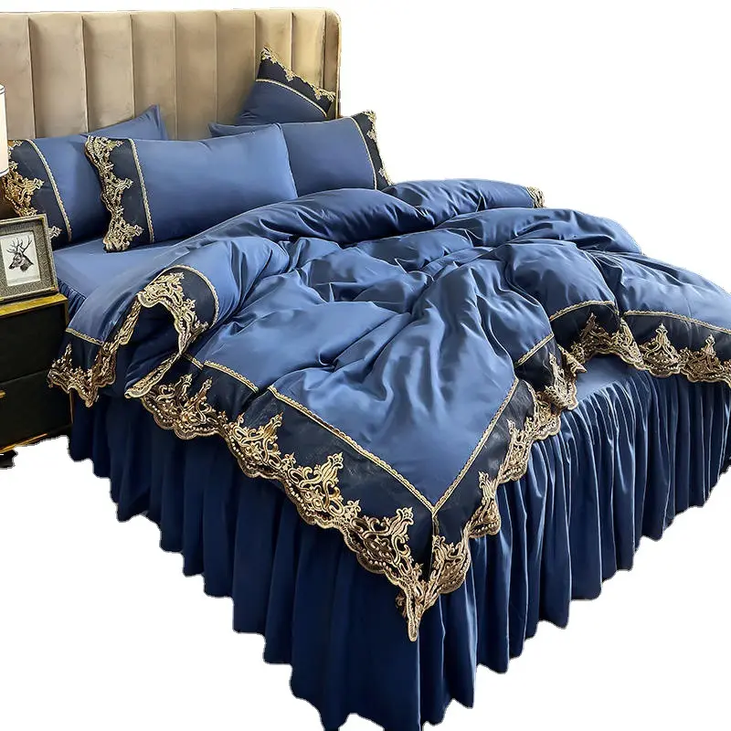 التجارة الخارجية عبر الحدود الدانتيل الجانب تنورة السرير غطاء فرشاة القطن 4 قطعة مجموعات 1.5m 1.8m الشمال الأزرق سميكة تنورة نوم