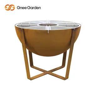 Churrasqueira grande de aço Corten com grade de metal e aço durável para churrasco, grelha preta enferrujada redonda grande