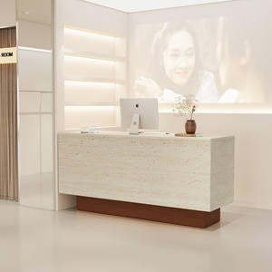 Bancone Reception in Stile Medievale in Pelle per Negozio di Abbigliamento e <span class=keywords><strong>Salone</strong></span> di Bellezza <span class=keywords><strong>con</strong></span> Cassetto, Design <span class=keywords><strong>con</strong></span> Piccolo Bar e Motivo a Fori Semplici in <span class=keywords><strong>Pietra</strong></span> - Product Image 2