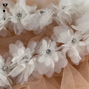 Hot sales 6cm white tulle fabric free flower embroidery designs with rhinestone and beads