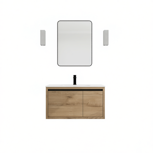 Meuble-lavabo de salle de bain 36 pouces mural au design moderne avec miroir sans cadre, vasque en céramique et finition bois clair - Product Image 1