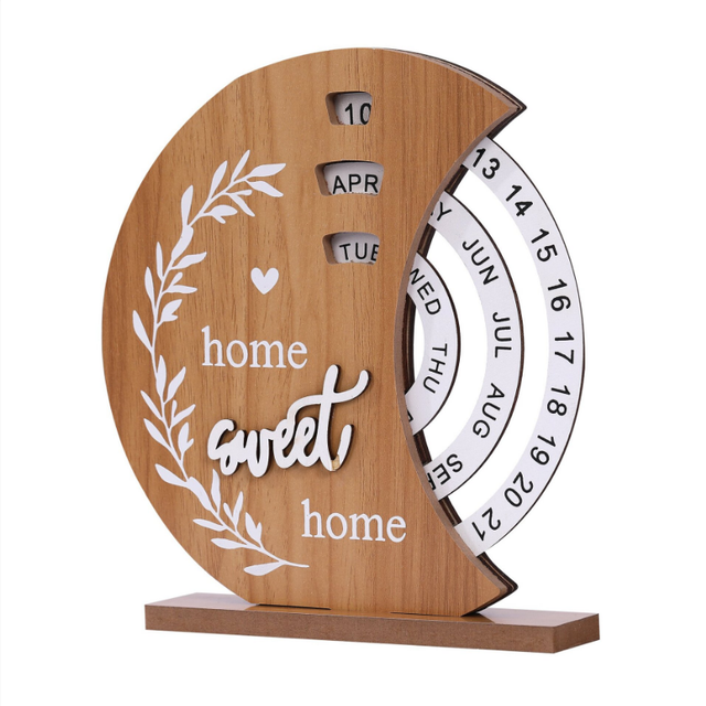 Creative Wooden Home Decor Office Desktop Decoration Manual Rotation Perpetual Calendar