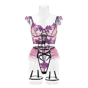 Lingerie Audace per Donne Set <span class=keywords><strong>Reggiseno</strong></span> e Mutandine in <span class=keywords><strong>Tulle</strong></span> Viola con Delicati Ricami Intimo Romantico Sexy - Product Image 4