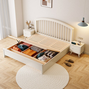 Solid Wood <b>Bed</b> 1.5M 1.8M Storage Low Box Nordic Style Master Bedroom <b>Double</b> <b>Bed</b> Ivory <b>White</b> Cherry Wood Color - Product Image 1