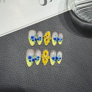 Uñas Postizas Hechas a Mano, Cortas, Almendradas, Diseño Veraniego 3D con Frutas y Jardín, Uñas de Gel Artesanales, Estética Floral Realista y Lujosa - Product Image 1