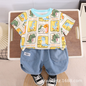 2025 été nouveaux garçons tenue décontractée couleur bloc dessin animé <span class=keywords><strong>Mini</strong></span> pelle à manches courtes col rond Shorts fait tricoté direct enfants - Product Image 6