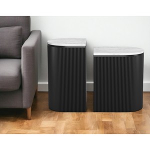 Set di due tavolini ovali in legno massello e marmo in bianco e nero per mobili da soggiorno - Product Image 2