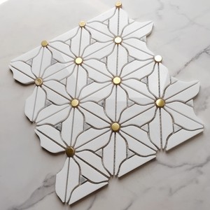 Mosaïque de carreaux en marbre blanc doré à motif floral en gros - Product Image 6